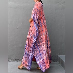 Pink Lavender Tie Dye Hippie Kaftan Long Loose Maxi V Dress Bohemian Dyed Caftan